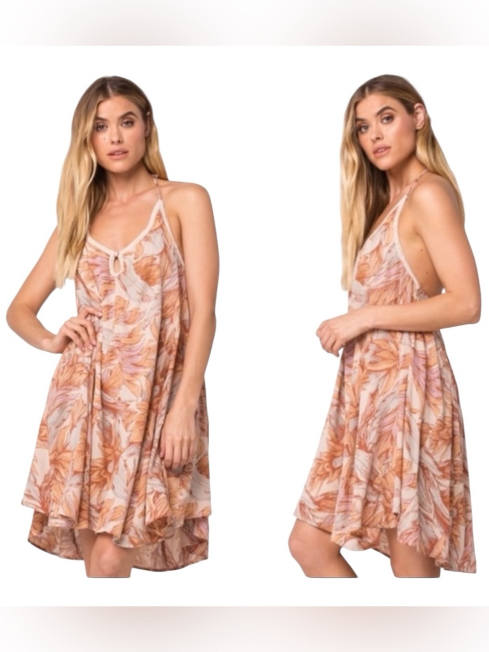 O’Neill Evelyn Halter Mini Dress S Tropical Print Boho Beach Draped Summer